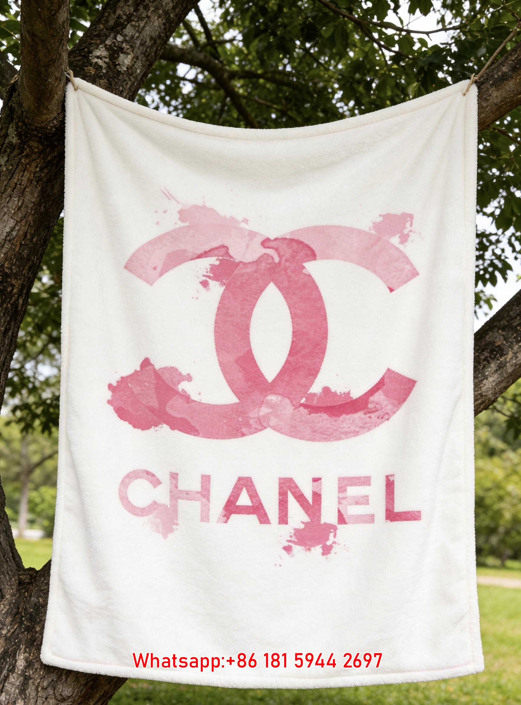 Chanel Pink Watercolor CC Logo Flannel Throw Blanket IMG_6659